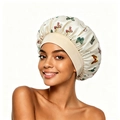 Floral butterfly satin sleep bonnet with wide elastic band on an elegant cream base - Off White