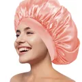 Rosa Satin Schlafmütze mit breitem Gummiband zur Haarpflege und zum Schutz der Frisur - Nude Rosa