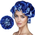 Detail of double-layer satin hair bonnet showing blue reversible fabric and elastic ruffles - Royal Blue and Light Blue