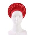 Red satin bonnet sleep cap for women with wide elastic hair band on mannequin - Red