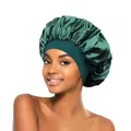 Dunkelgrüne Satin-Schlafhaube mit breitem Elastikband zum Haarschutz und zur Nachtpflege - Dunkeltintengrün