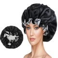 Detalle del gorro de dormir de satén de doble capa con exterior negro y forro plateado - Negro/Gris