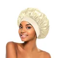 Schlafhaube aus Satin in Champagner-Gold mit breitem Gummiband für Haarpflege - Beige