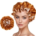 Close-up of double-layer satin sleep cap with adjustable elastic ruffle edge and silk texture - Gold with Beige
