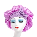 Dettaglio della cuffia da notte in raso rosa con fascia larga viola e fiocco decorativo - Taglia unica / Viola Chiaro a Strato Singolo