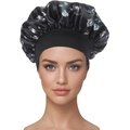 Floral satin sleep bonnet with black wide elastic band and grey blue rose patterns - Black
