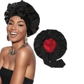 Black satin sleep cap with red lining and wide bow tie for women's hair care - Black + Red Double Layer