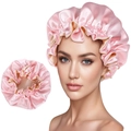 Gorro de dormir de satén rosa con borde de volantes ajustable y forro crema para el cabello - Rosa Rosa y Beige