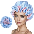 Detail of double-layer satin sleep cap in sky blue and pink with adjustable elastic edge - Light Blue and Rose Pink