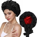 Double-layer satin sleep bonnet with a black exterior and a bright red lining and bow - Black and Red Style
