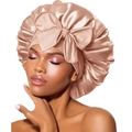 Detail of champagne satin sleep bonnet featuring a large decorative bow and wide elastic band - One Size / Champagne Gold Single Layer