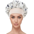 Floral print satin bonnet for women with wide elastic band and black rose patterns - Beige