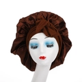 Detailed close-up of dark brown satin sleep bonnet with a large bow on mannequin head - Coffee