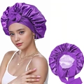 Detail view of purple satin bonnet with elastic wide band and soft inner lining - Deep Purple And Light Purple Reversible