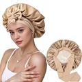 Champagne satin bonnet with elegant bow and wide ribbons for women's hair care - Gold and Beige Style