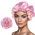 Gorro de dormir de satén rosa de doble capa con borde de volantes ajustable para el cabello - Rosa y Beige