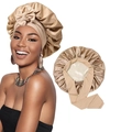 Champagne silk satin sleep bonnet with wide long ties for curly hair care protection - Gold + Beige Double Layer