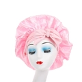 Pink satin hair bonnet with wide elastic band and elegant bow knot for sleeping - One Size / Pink