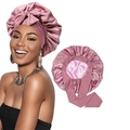 Satin bonnet sleep cap for hair care in dusty rose with wide decorative ribbon bow - Dull Red + Pink Double Layer