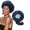 Navy blue double-layer satin sleep bonnet with light blue lining and front decorative bow - Navy Blue + Light Blue Double Layer