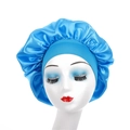 Detail of blue satin bonnet featuring a wide elastic band for hair protection - Lake Blue