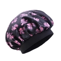 Kids black satin sleep cap with pink bow prints and wide elastic headband - Black with Pink Bow