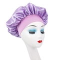Kids wide band sleep cap in purple satin with high elastic pink band for hair care - Light Purple