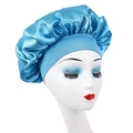 Lake blue satin children's sleep bonnet with wide elastic band on a white model head - Lake Blue