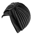 Classic black pleated turban hat with a gathered knot design and soft elastic fabric - Black