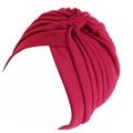 Women's deep red twisted turban hat with cross pleated design in soft cotton fabric - Burgundy