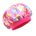 Pink satin infant hair bonnet featuring floral prints and ladybug patterns with elastic band - Pink Ladybug Flower