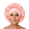 Pink satin elastic wide-band hair bonnet for sleeping and hair care protection - Champagne