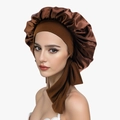Bonnet de nuit en satin marron avec large bande élastique et rubans pour soin des cheveux - Taille unique / Café