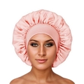 Pink satin sleep cap for women with wide elastic band and smooth silk texture - Rose Pink
