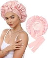 Gorro de dormir de satén rosa con lazo ajustable y tejido de doble capa tipo seda - Ajustable / Rosa Piel + Beige