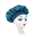 Peacock blue satin bonnet with elastic wide band for hair care and sleep protection - Dark Green