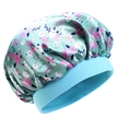 Kids satin bonnet in light mint green with floral print and blue elastic band - Green Floral