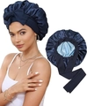Gorro de dormir de satén azul marino con forro azul claro y diadema ajustable - Ajustable / Azul Marino y Azul Cielo