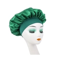 Dark green satin hair bonnet with wide elastic band for curly hair protection - Dark Green