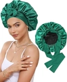 Gorro de dormir de satén verde esmeralda de doble capa con banda elástica y lazo - Ajustable / Verde Oscuro + Negro