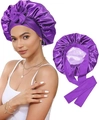 Gorro de dormir de satén púrpura de doble capa con cinta ancha para el cabello - Ajustable / Púrpura Oscuro + Púrpura Claro