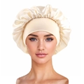 Champagne satin sleep bonnet with wide elastic band for hair protection and comfort - Beige