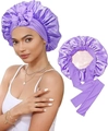 Purple satin hair bonnet for women with adjustable bow and soft pink silk lining - Adjustable / Light Purple + Light Pink