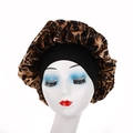 Leopard print satin sleep bonnet with a wide black elastic band for hair protection - Leopard Print