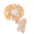 Champagne gold satin sleep bonnet with long ribbons and elegant double-layer silk texture - Adjustable / Beige + Cream