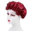 Deep red satin sleep cap for women hair care featuring an elastic ruffled lace edge - One Size / Burgundy