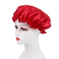 Lustrous red satin sleep cap for women featuring elastic ruffled edge on a white background - One Size / Red