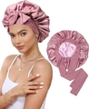 Double-layered satin bonnet in dusty rose with adjustable long ribbons for hair care - Adjustable / Bean Paste + Light Pink