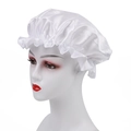 White satin bonnet with elastic lace edge for hair care on a female mannequin - One Size / White