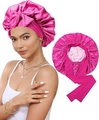 Double-layered satin sleep bonnet in rose red with adjustable ribbon bow - Adjustable / Rose Red + Light Pink